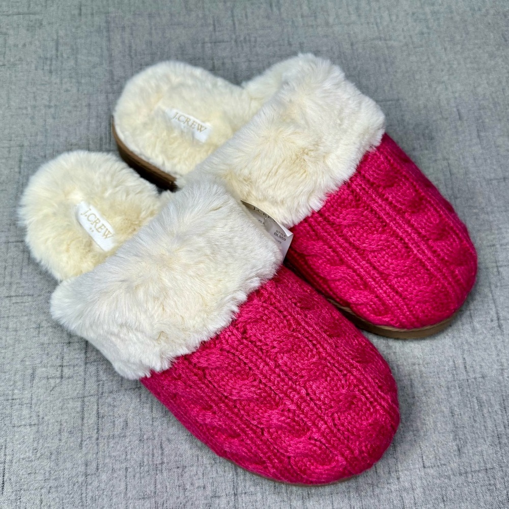J. Crew Slippers Pink Cable Knit Fur Slippers Size 7 8 9 NWT - Picture 6 of 16
